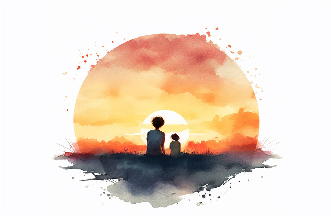 Akvarelová ilustrace rodiče a dítěte, kteří spolu sedí a dívají se na západ slunce – symbolizuje klidný moment propojení a rozhovor o pocitech